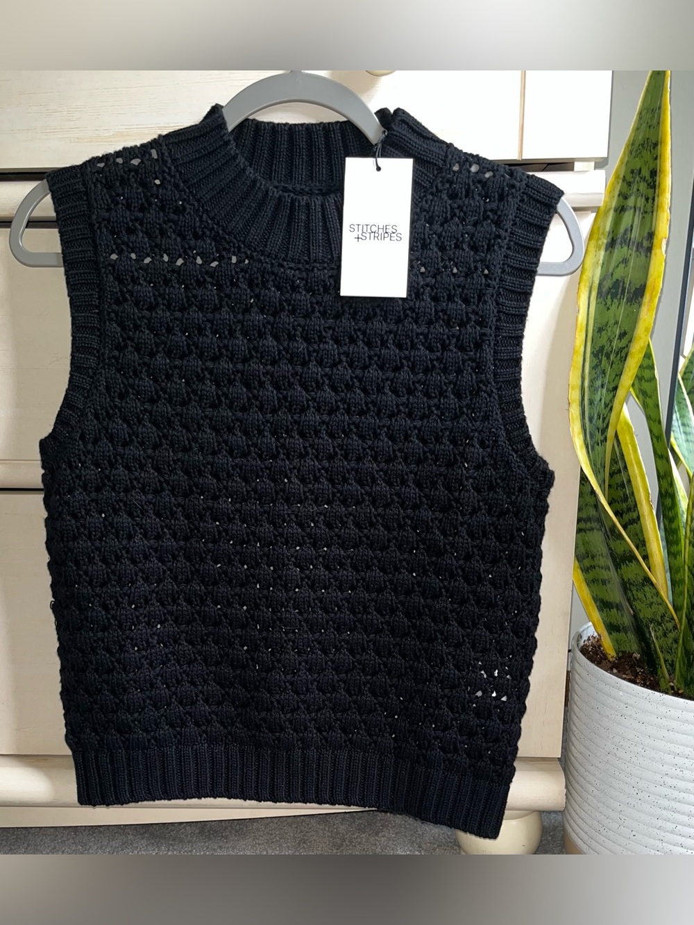 Stitches and Stripes Black Cotton Crochet Sweater Vest M NWT